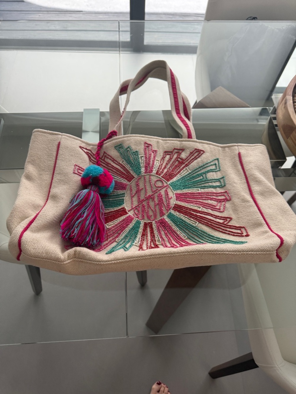 Embroidered Beach Tote Beach Bag in Cream with Pink & Teal Accents